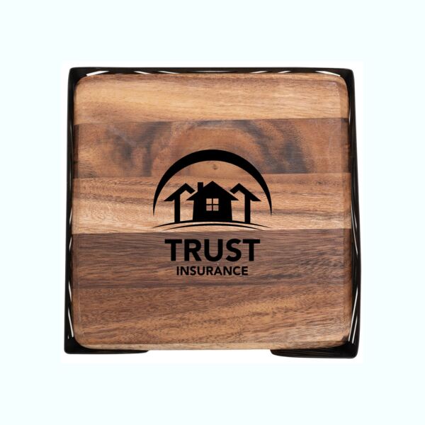 4 Pc. Acacia Wood Square Coaster Set with Black Metal Stand Thumbnail